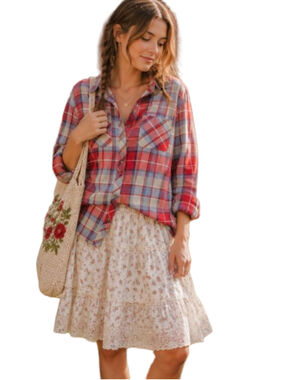 Natural Reflections NWT Plaid Button Down Shirt S Red Blue Western Farmhouse